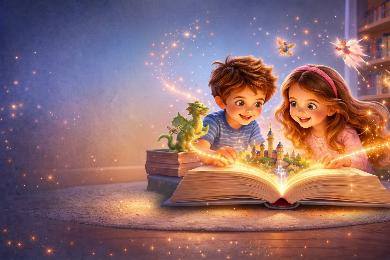 Children reading magical book